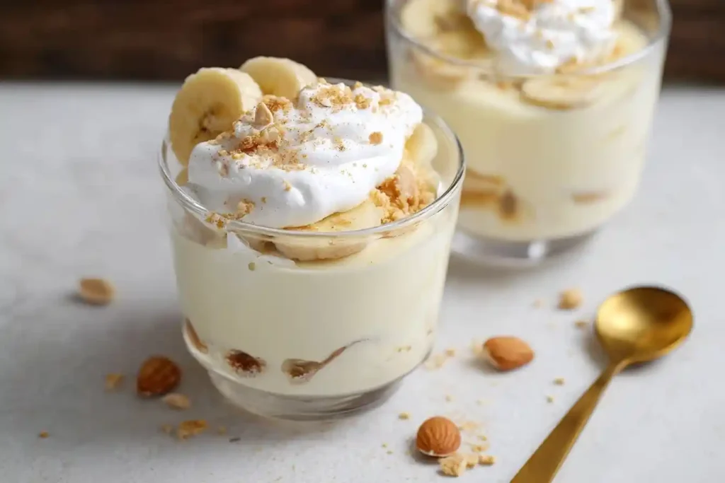 Two glasses of creamy homemade Banana Pudding topped with whipped cream, fresh banana slices, and a cookie crumble.