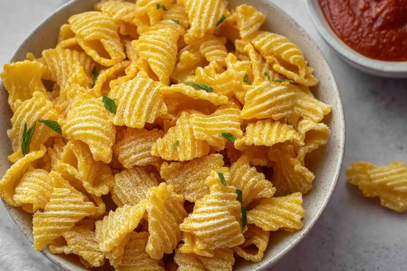 A close-up of a bowl filled with golden, crispy Pasta Chips, garnished with herbs and served with a side of dipping sauce.