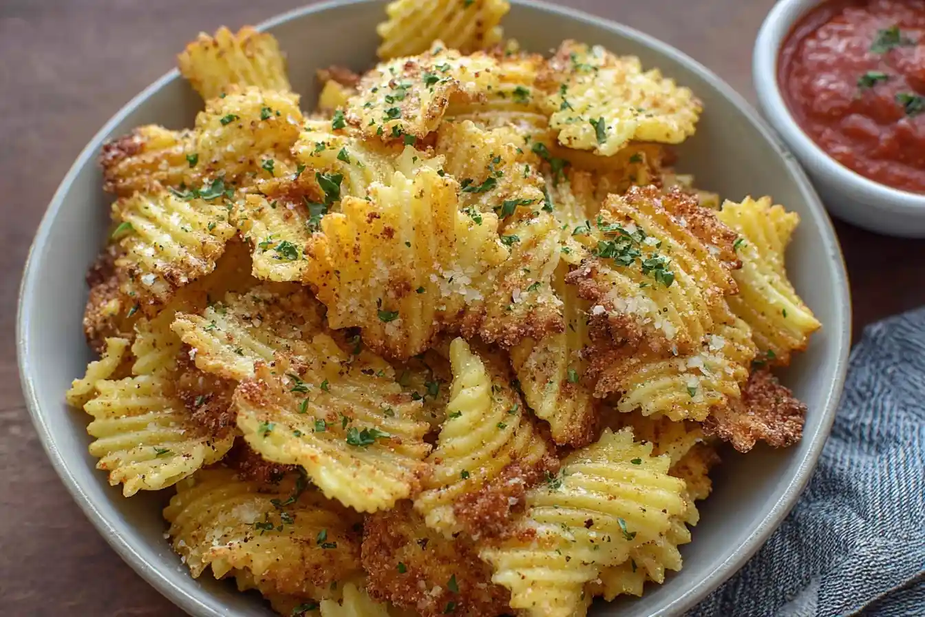 A grey bowl filled with golden-brown, crispy Parmesan crinkle cut fries, garnished with fresh parsley and spices.