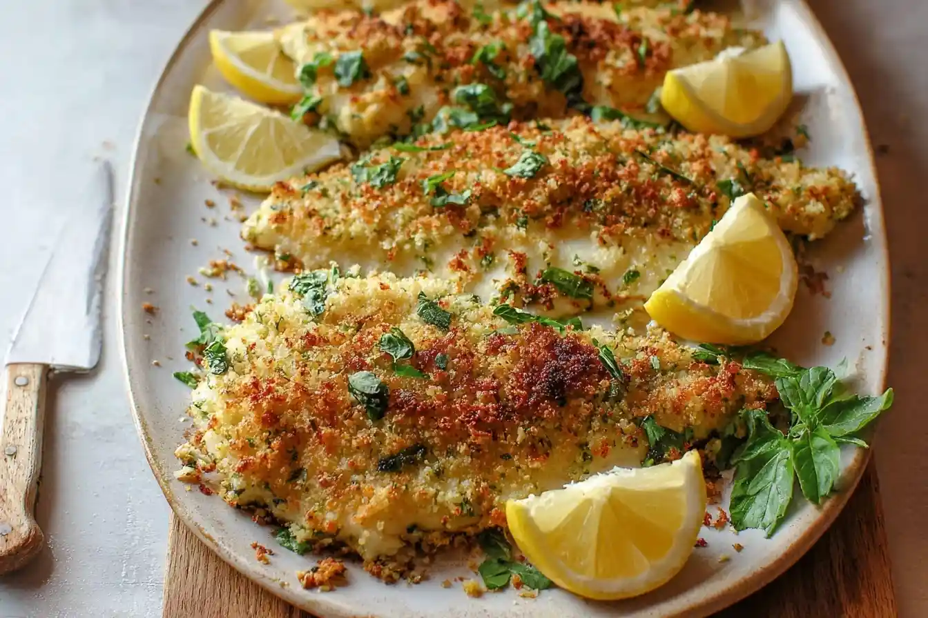 A platter of delicious Baked Haddock fillets with a golden breadcrumb and herb crust, garnished with fresh lemon wedges.