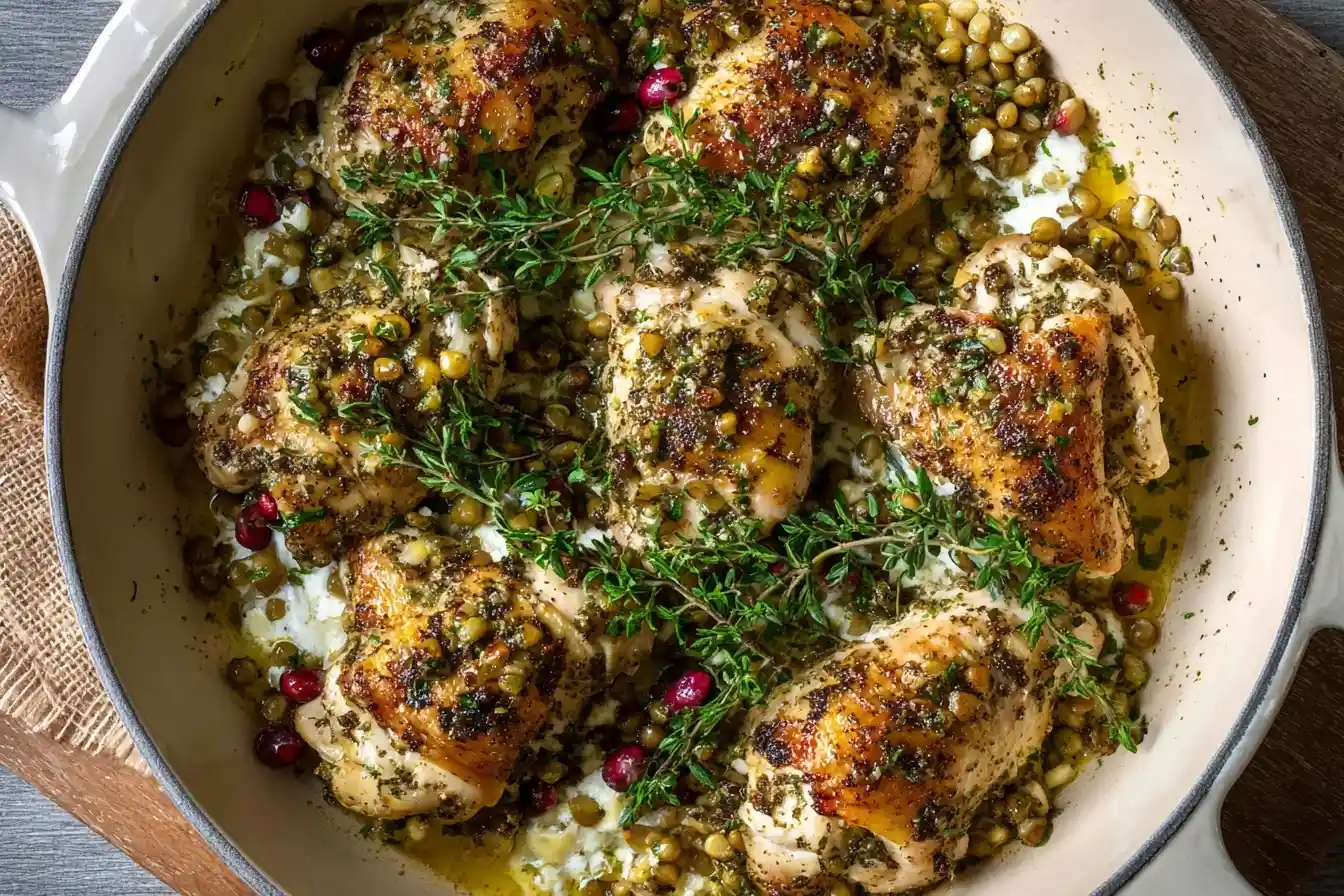 A close-up of a rustic skillet filled with roasted Chicken Thighs with Lentils, garnished with fresh thyme and pomegranate seeds.