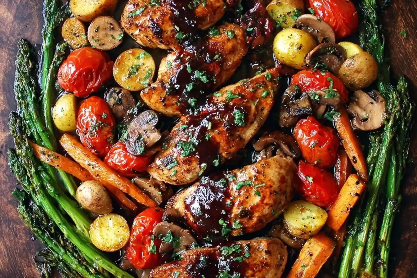 A colorful sheet pan dinner of balsamic chicken and veggies, with roasted asparagus, potatoes, tomatoes, and mushrooms.