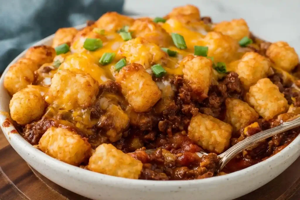 A close-up of a cheesy Tater Tot Casserole in a white bowl, topped with melted cheddar and fresh green onions.