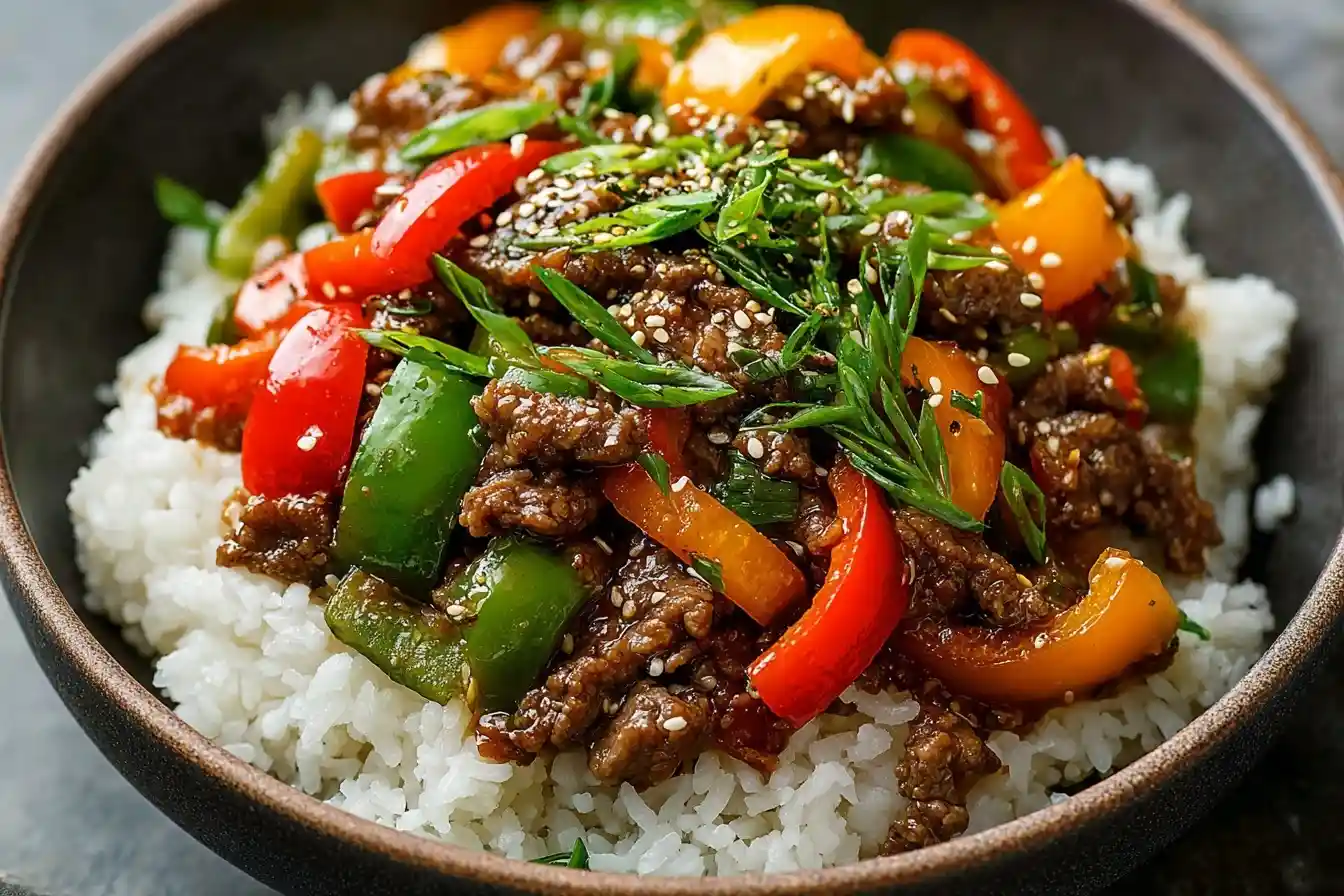 A close-up of a delicious bowl of Pepper Steak with colorful bell peppers and beef, served over a bed of fluffy white rice.