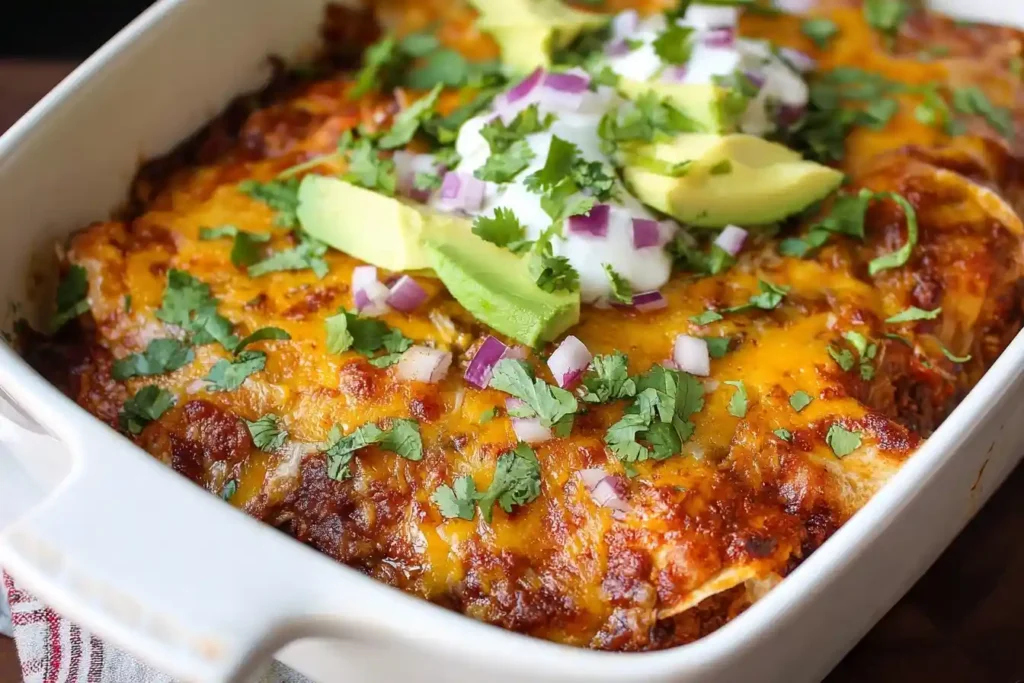 A freshly baked enchilada casserole in a white dish, topped with melted cheese, avocado, and cilantro.