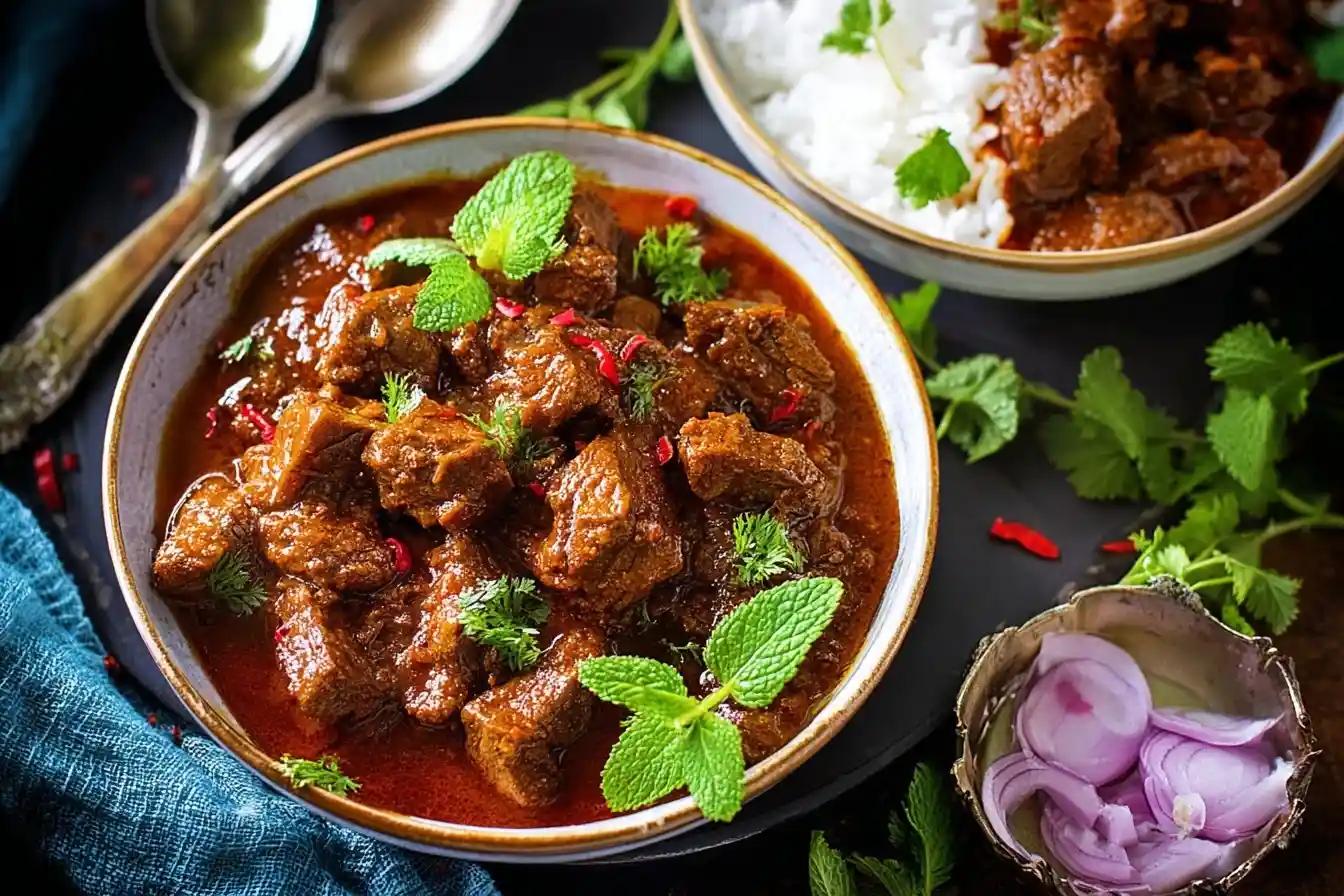 A delicious bowl of traditional Lamb Rogan Josh, garnished with fresh mint and served with a side of basmati rice.