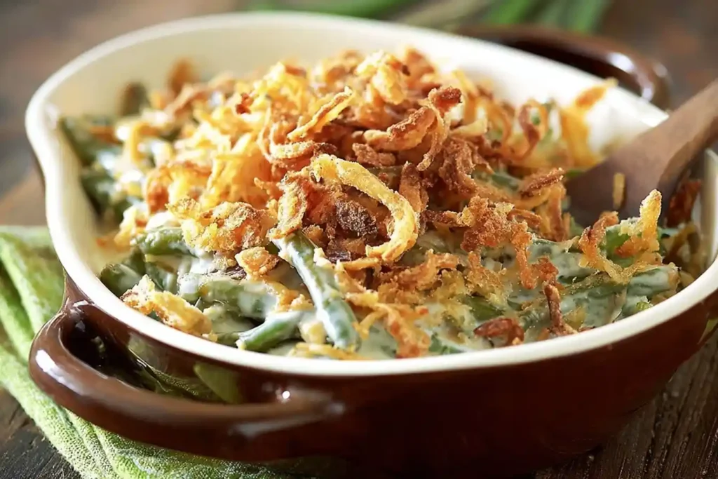 A close-up of a classic green bean casserole in a ceramic dish, topped with a generous amount of crispy fried onions.