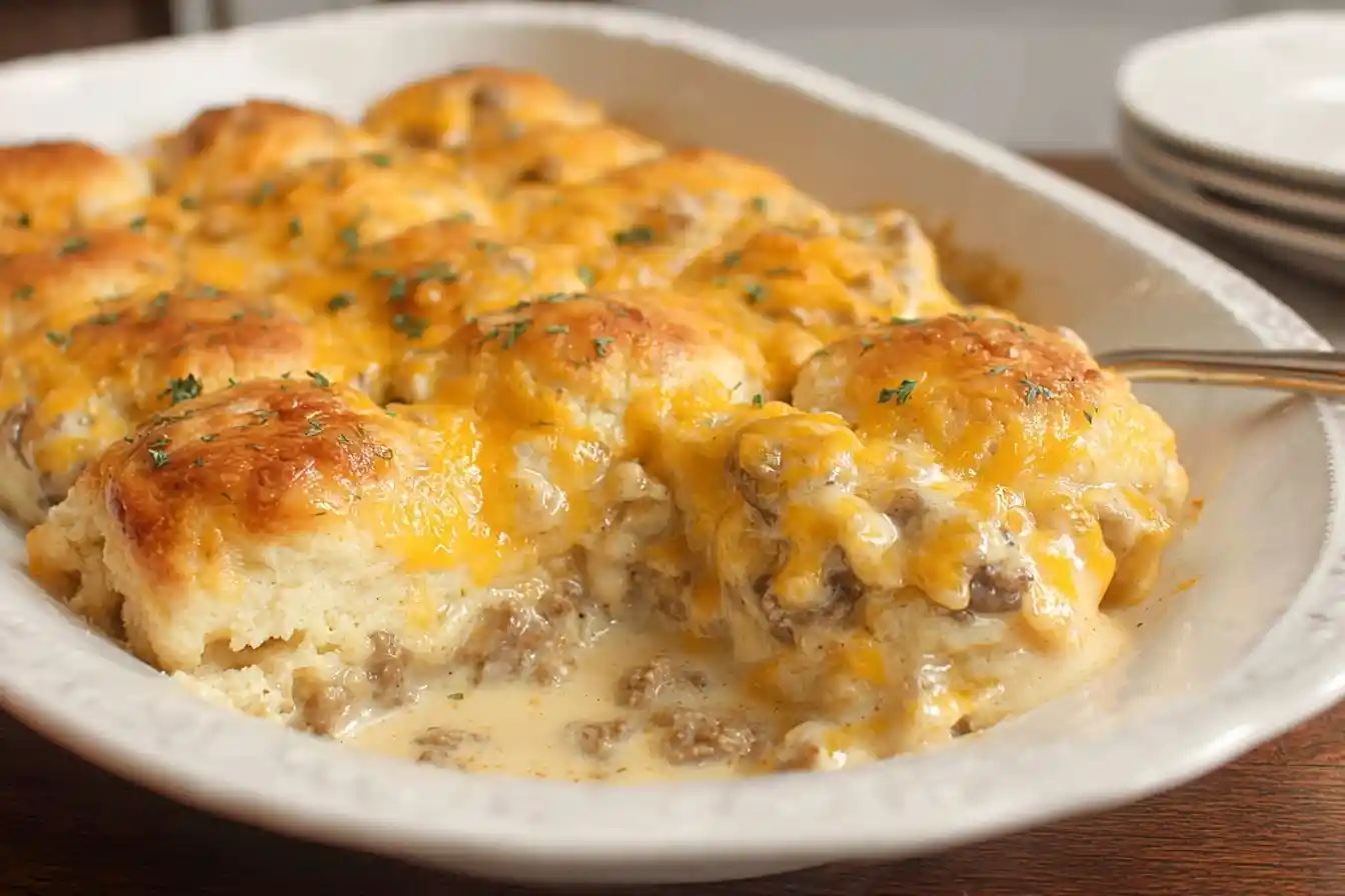 A cheesy Biscuits and Gravy Casserole in a white baking dish with a serving spoon taking a scoop out.
