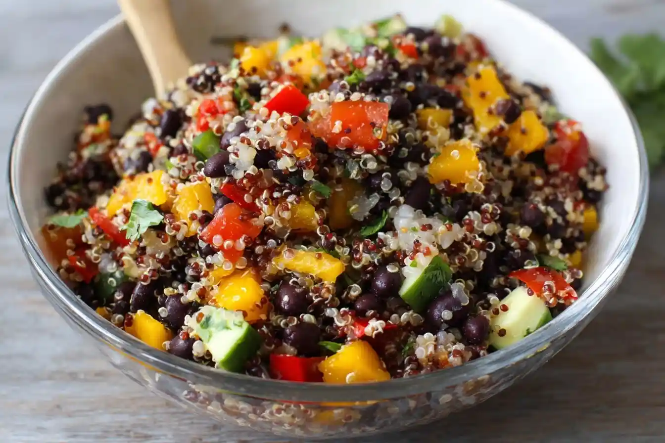 A close-up of a colorful quinoa black bean salad with fresh vegetables like bell peppers and cucumber in a clear glass bowl.
