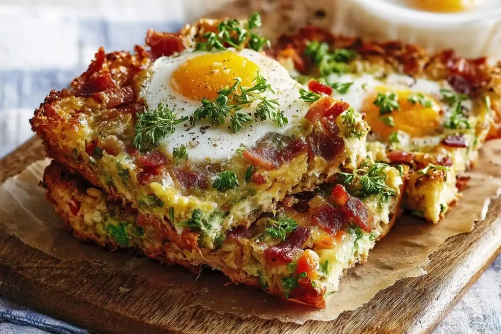 A slice of savory Breakfast Pizza with a hash brown crust, bacon, and a sunny-side-up egg, garnished with fresh herbs on a board.