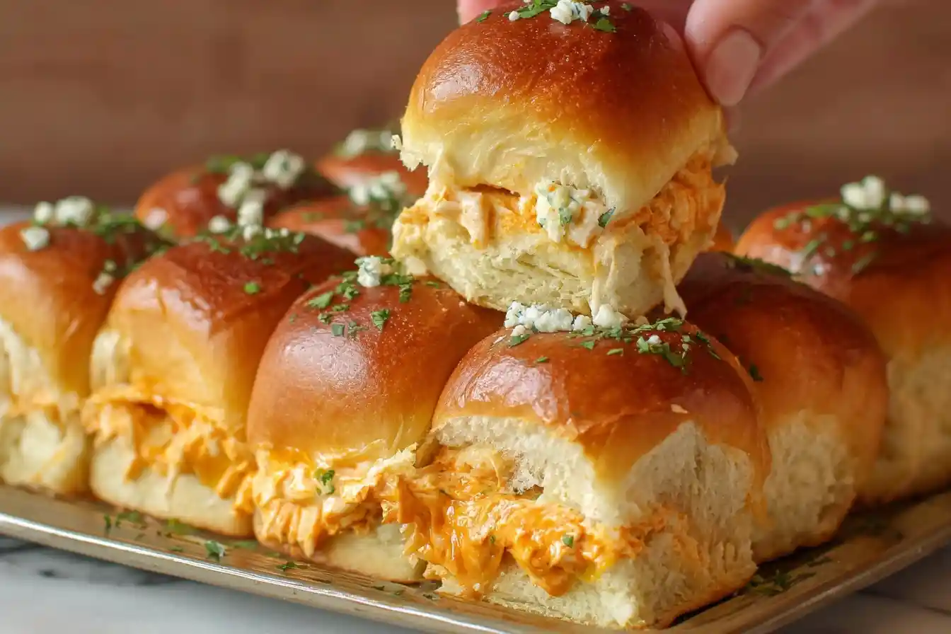A hand lifting one of many delicious Buffalo Chicken Sliders from a tray, garnished with blue cheese and fresh herbs.