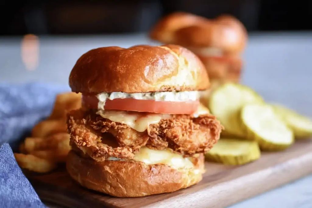 A crispy fried chicken sandwich on a brioche bun with tomato, melted cheese, and a white sauce, served on a wooden board.