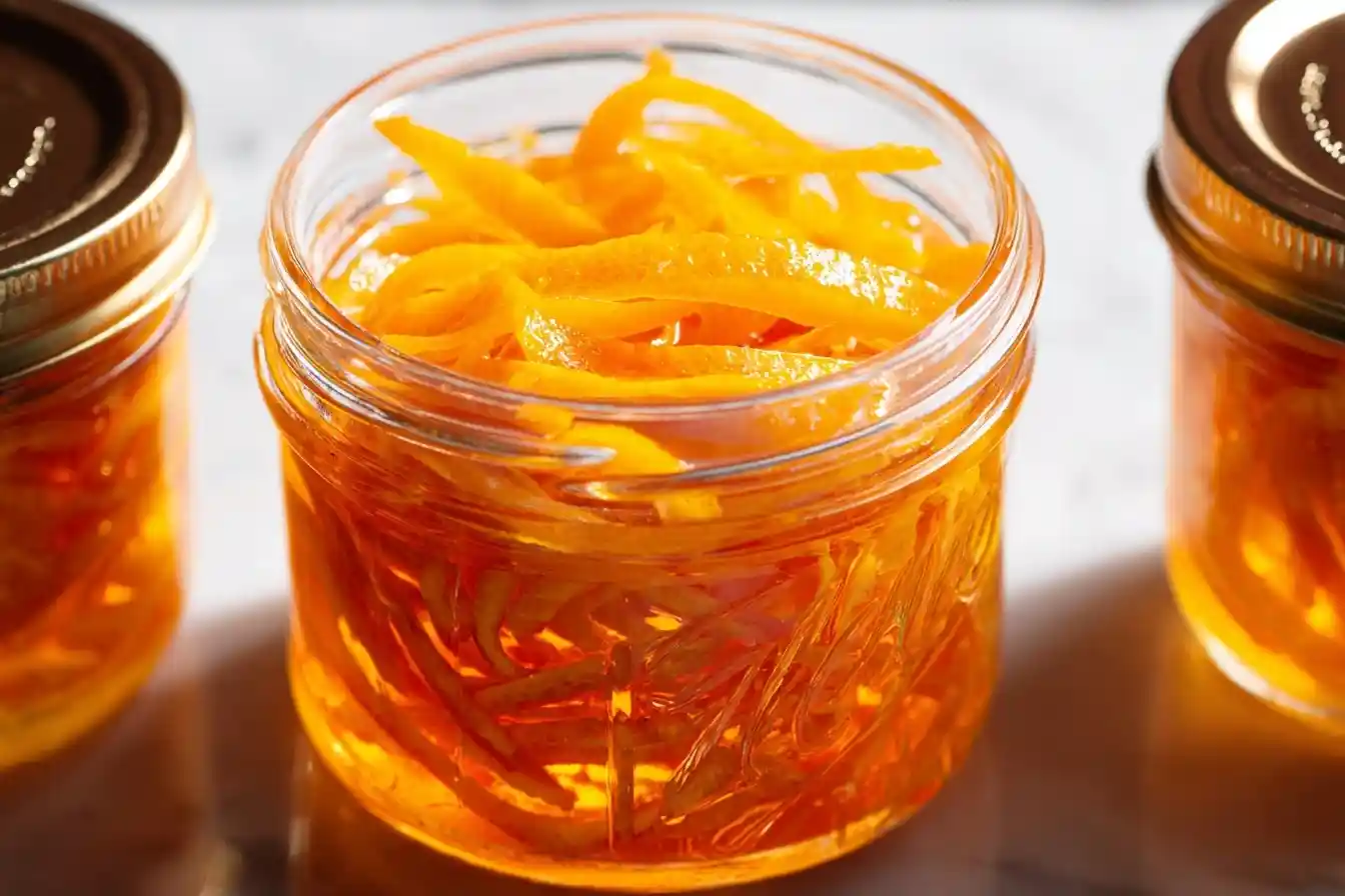 A close-up of an open glass jar filled with glistening strips of homemade candied orange peel.