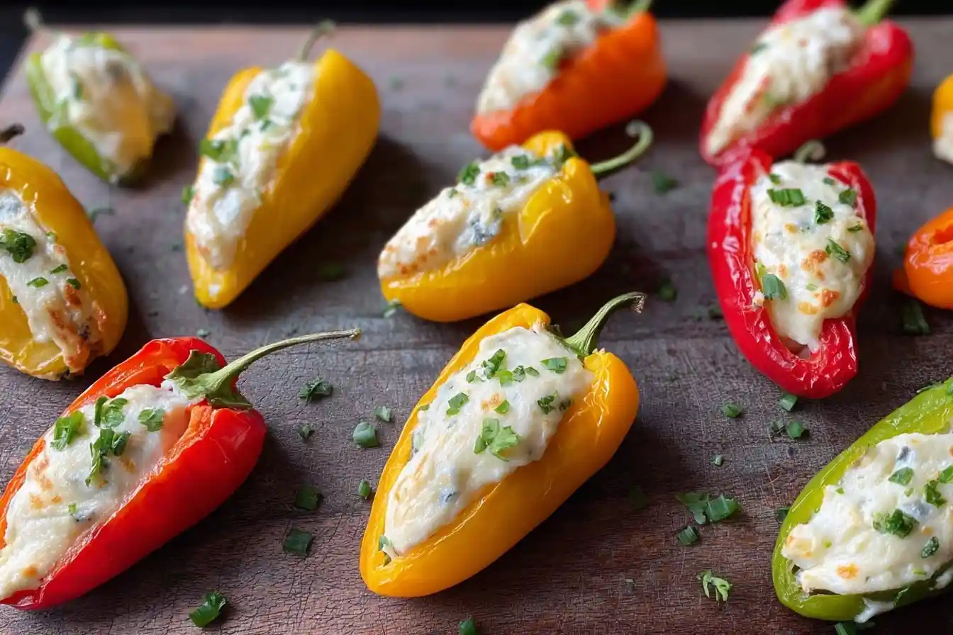 A close-up of colorful stuffed mini peppers with a creamy cheese filling, baked and arranged on a wooden board.