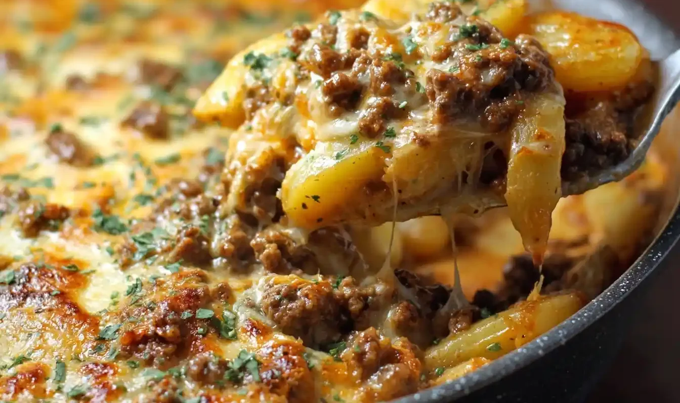 A delicious scoop of cheesy ground beef and potato casserole being lifted from a skillet, with gooey melted cheese.