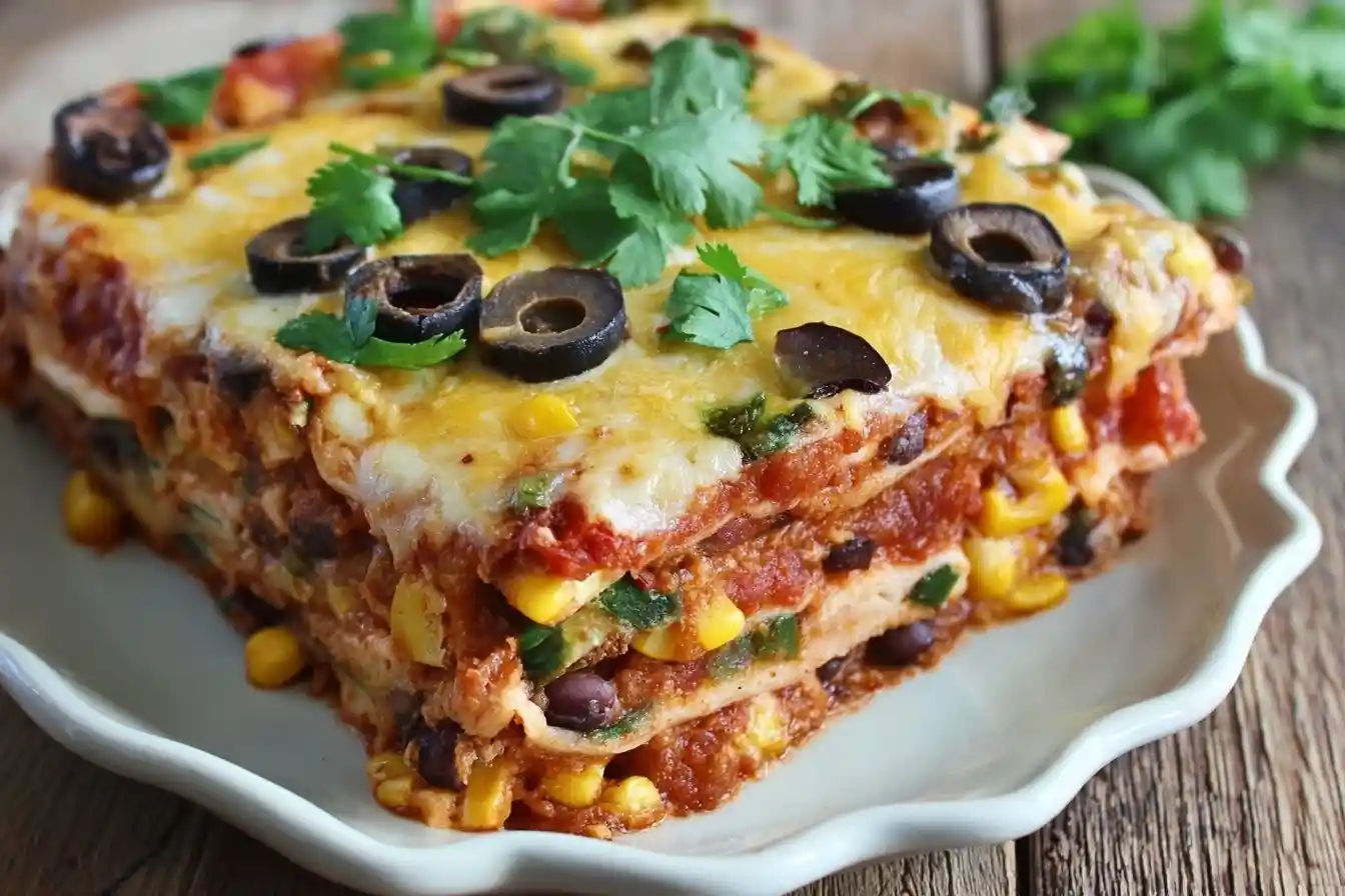 A close-up shot of a layered Mexican Lasagna slice on a white plate, topped with melted cheese, black olives, and cilantro.