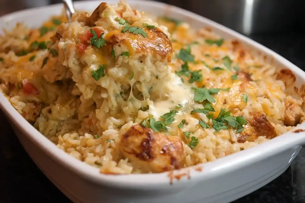 A spoonful of creamy, cheesy chicken and rice casserole being lifted from a white baking dish, garnished with fresh cilantro.