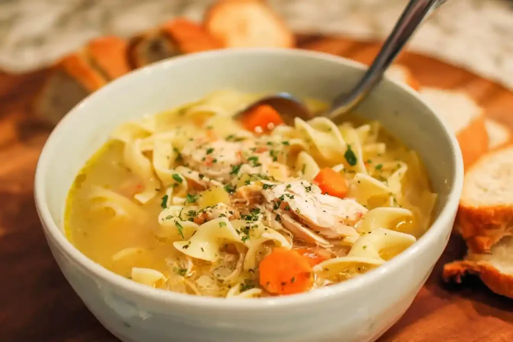 A close-up of a warm bowl of homemade chicken noodle soup with carrots, shredded chicken, and a spoon, ready to eat.