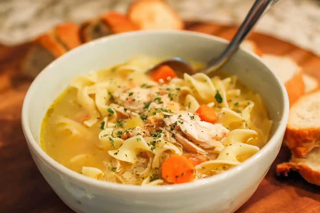 A close-up of a warm bowl of homemade chicken noodle soup with carrots, shredded chicken, and a spoon, ready to eat.