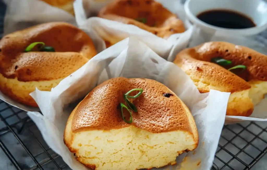 A close-up shot of golden-brown Savory Sponge Cake in paper liners, garnished with green onions on a wire rack.