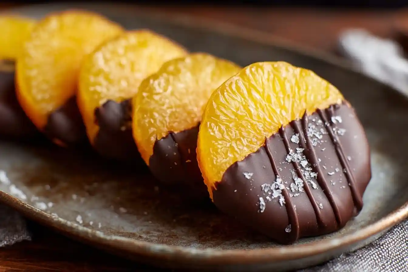 A close-up of beautiful chocolate orange slices dipped in dark chocolate and sprinkled with sea salt on a rustic plate.
