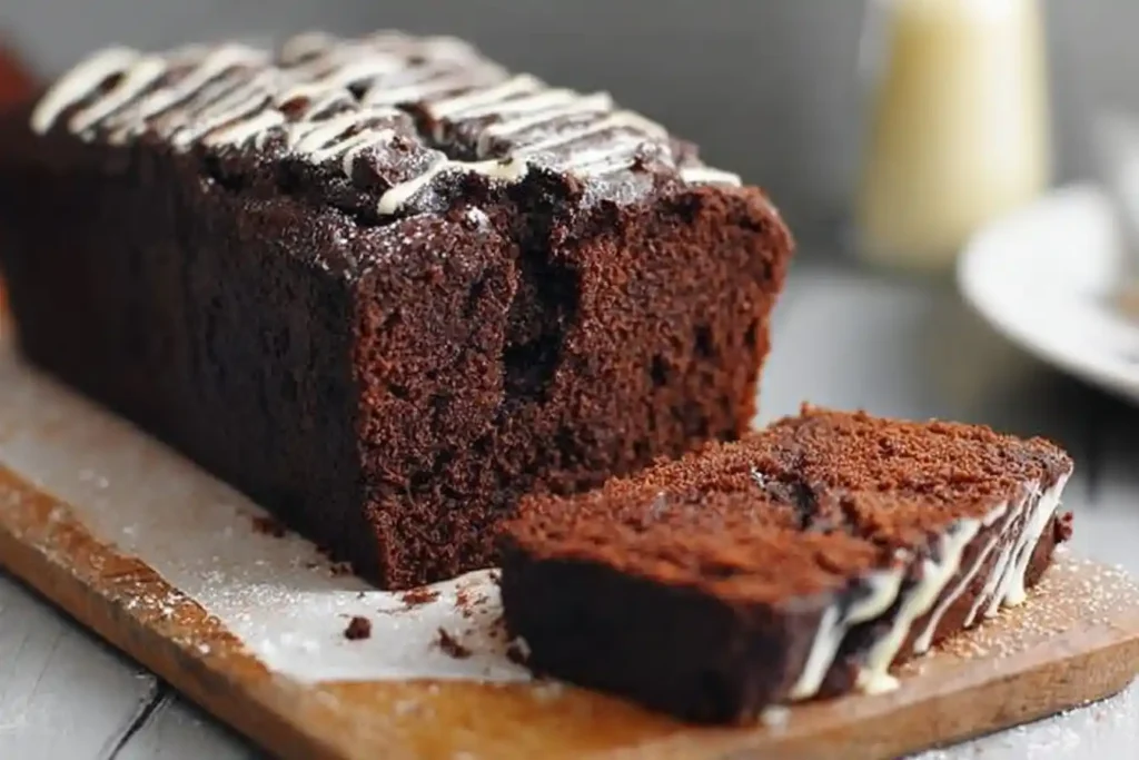 A rich chocolate loaf cake drizzled with white icing, with one slice cut and resting on a wooden board.