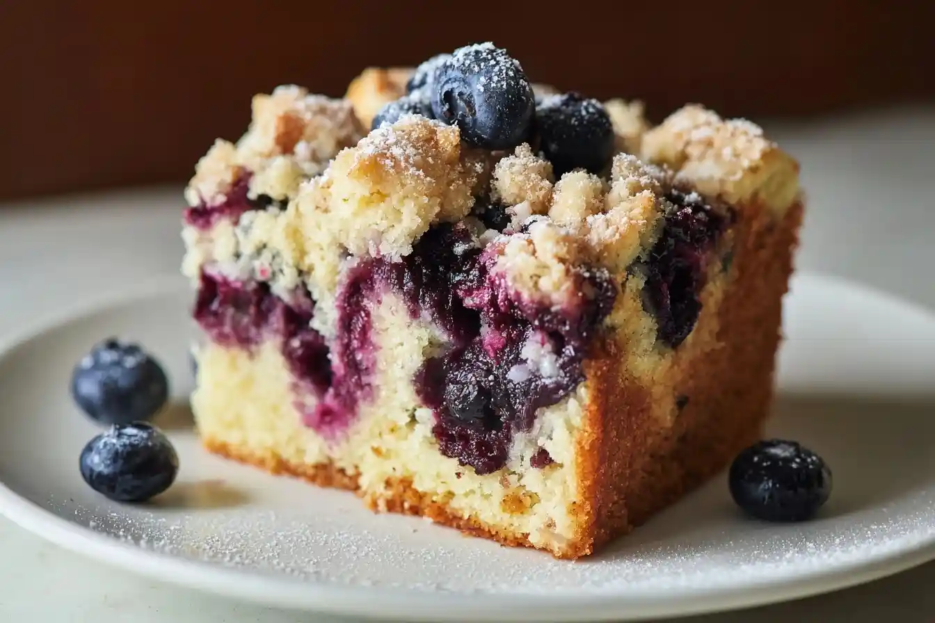 A close-up slice of a moist Blueberry Crumble Cake on a white plate, topped with fresh blueberries and powdered sugar.