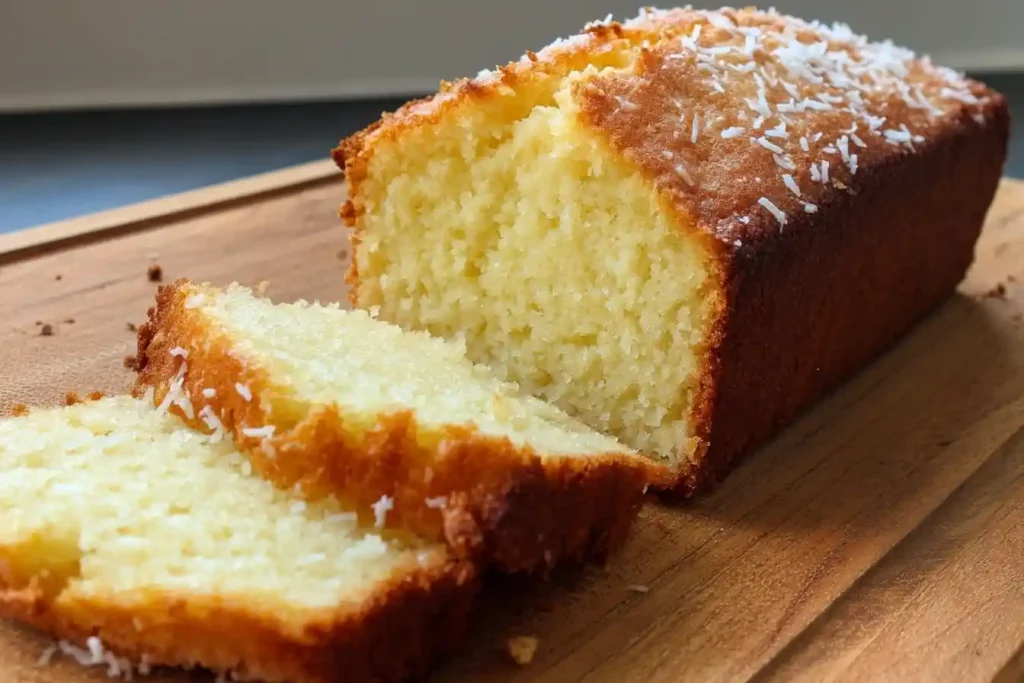 A freshly baked coconut loaf cake, with two slices cut, sitting on a wooden cutting board and topped with shredded coconut.