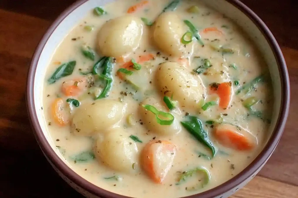 A rustic bowl filled with hearty and creamy gnocchi soup, featuring soft potato dumplings, carrots, and spinach.