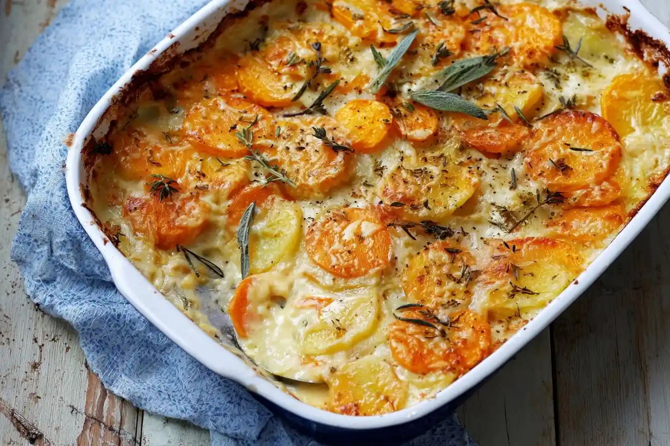 A freshly baked potato and sweet potato gratin in a white baking dish, topped with savory herbs like thyme and sage.