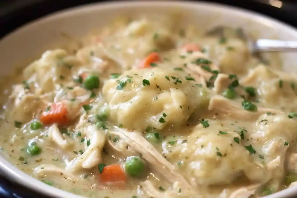 A close-up of a warm bowl of creamy chicken and dumplings with peas, carrots, and a garnish of fresh parsley.