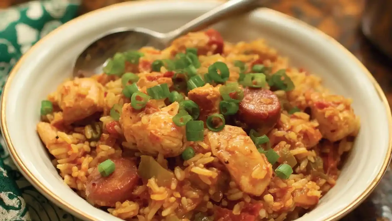 A close-up shot of a white bowl filled with chicken and sausage Jambalaya, garnished with freshly chopped green onions.