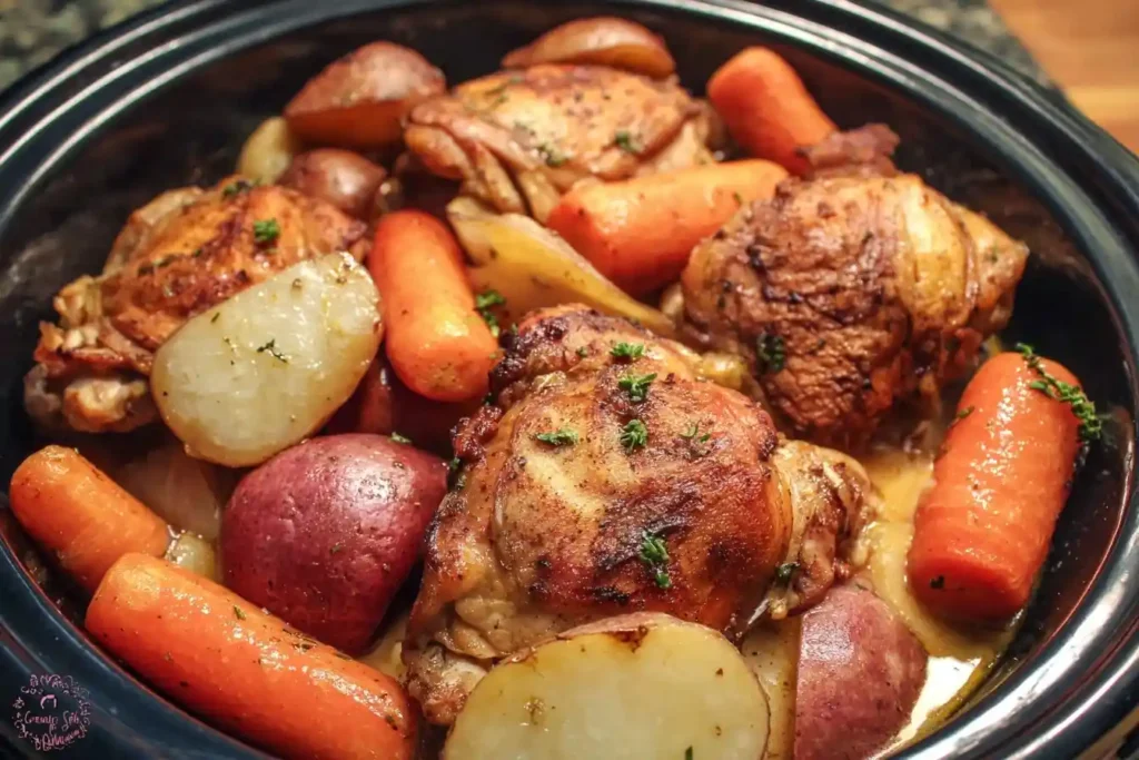A close-up of slow cooker chicken thighs with red potatoes and carrots nestled together in a black slow cooker insert.