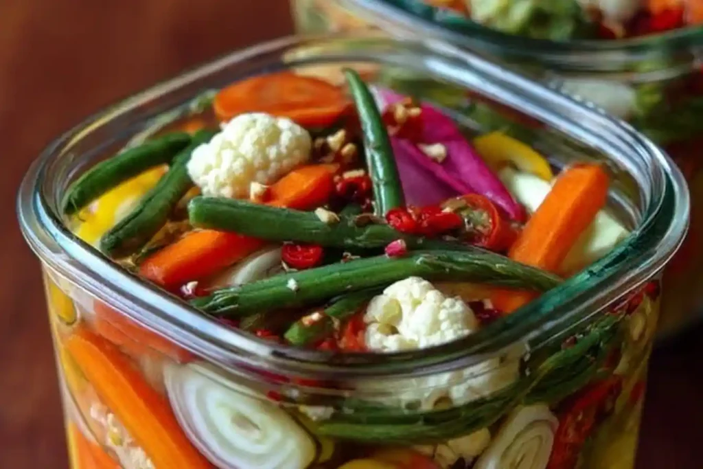 A close-up of a glass jar filled with colorful pickled mixed vegetables like carrots, green beans, and cauliflower.