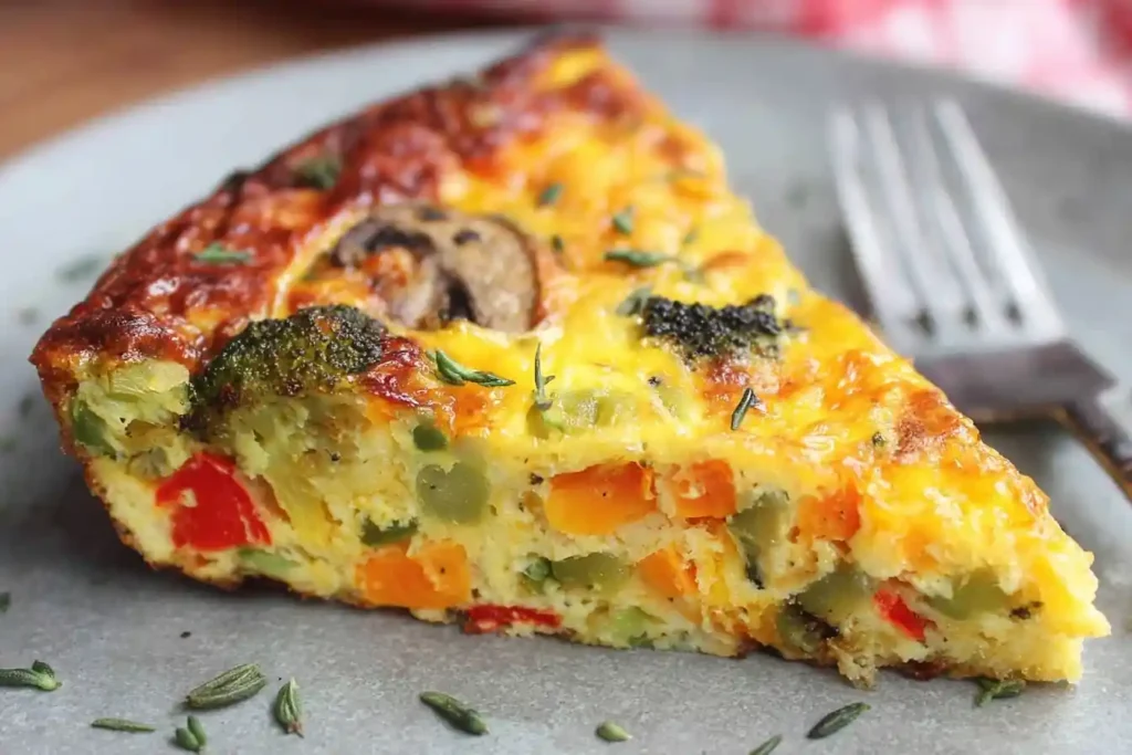A close-up of a golden-brown slice of vegetable frittata, showing colorful broccoli, peppers, and mushrooms on a plate.