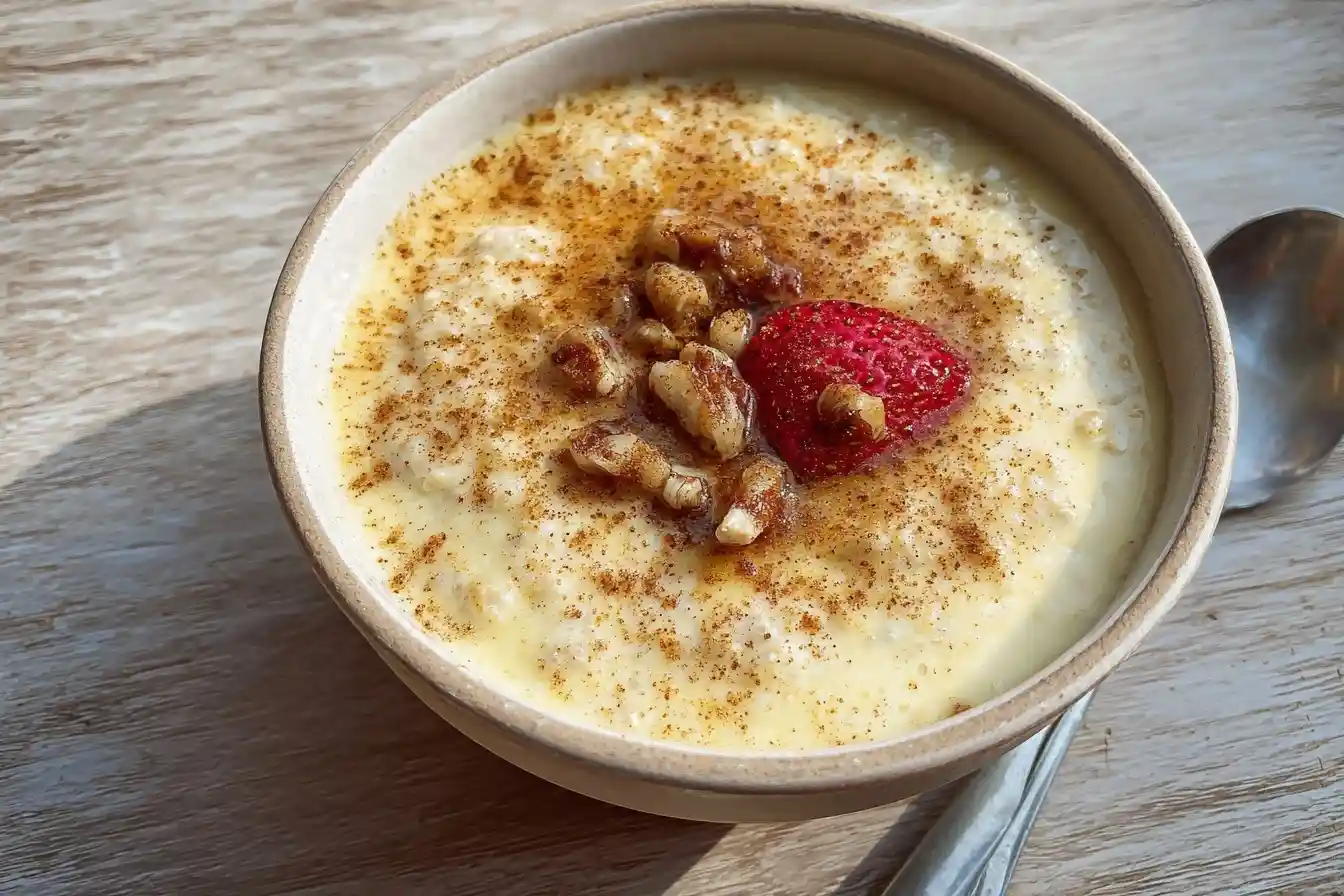A warm bowl of oatmeal from a creamy oatmeal recipe, topped with walnuts, a strawberry slice, and a sprinkle of cinnamon.