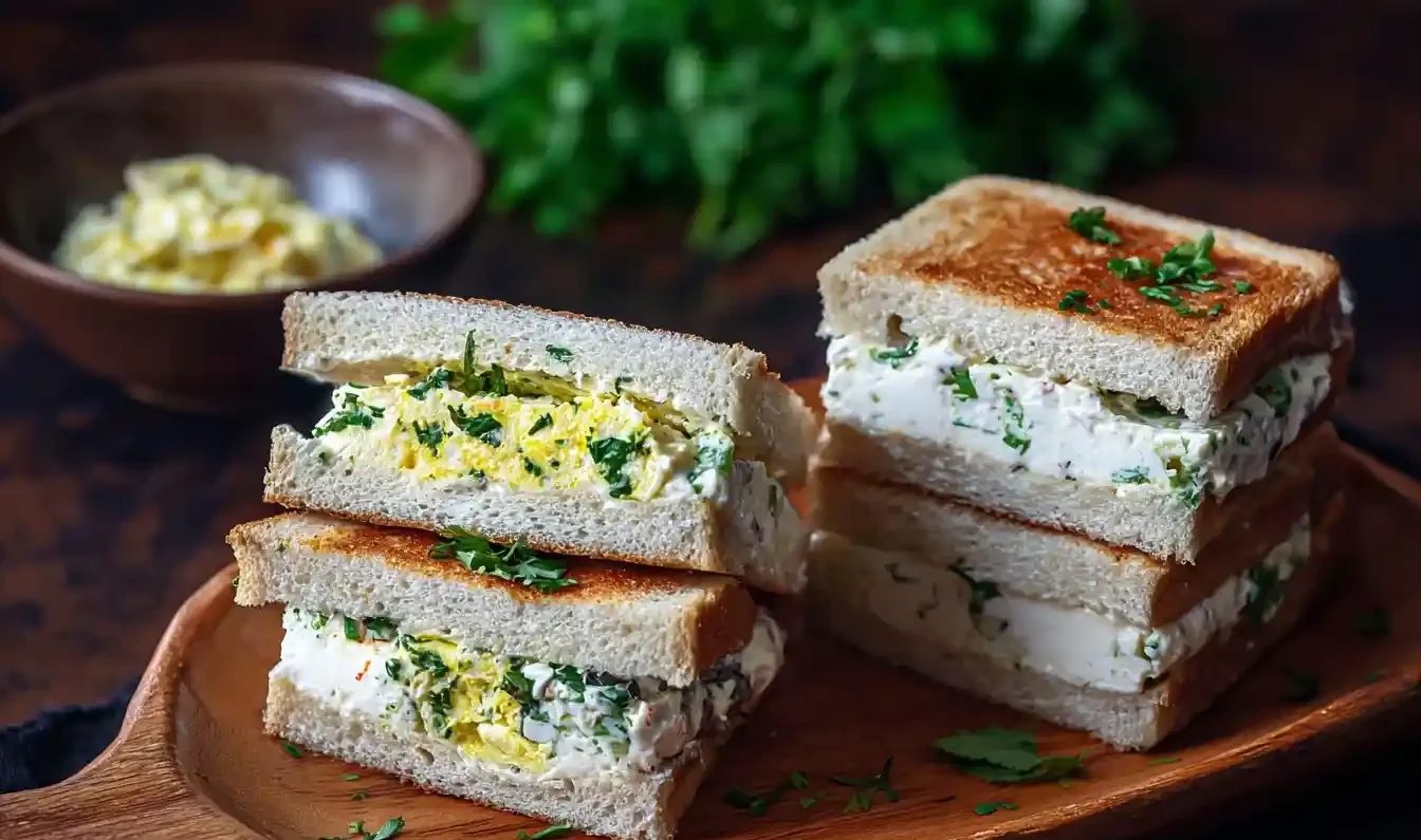 Freshly made Dahi Sandwich, cut in half and stacked on a wooden plate to show the creamy yogurt and herb filling.