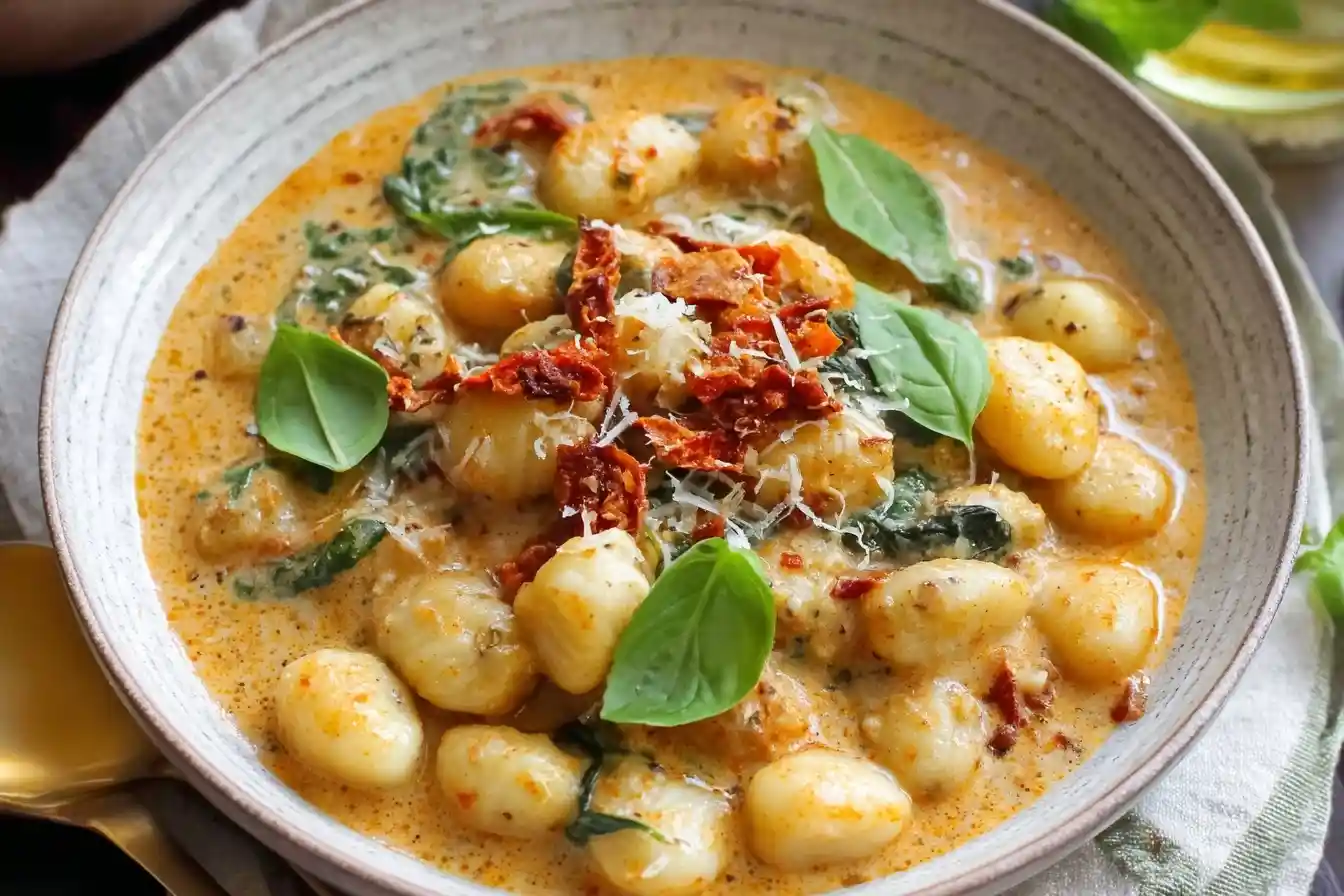 A close-up of a rustic bowl filled with Creamy Tuscan Gnocchi, featuring spinach, sun-dried tomatoes, and fresh basil.