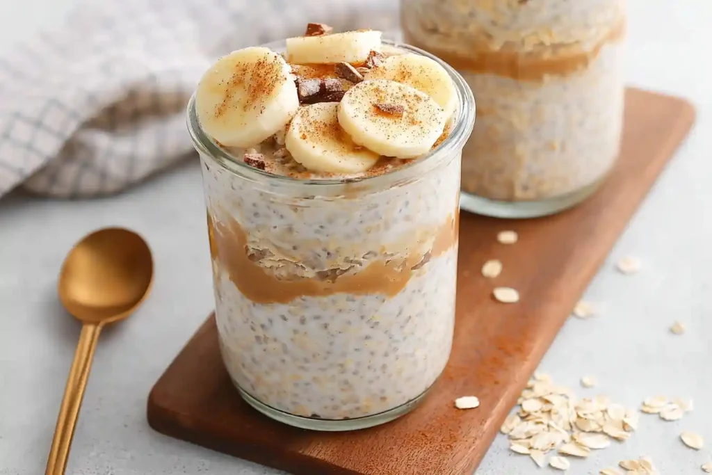 A glass jar of peanut butter banana overnight oats topped with fresh banana slices, chocolate, and a sprinkle of cinnamon.