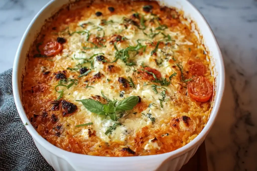 A close-up of a golden-brown Baked Feta Pasta in a white oval dish, topped with roasted tomatoes and fresh basil.
