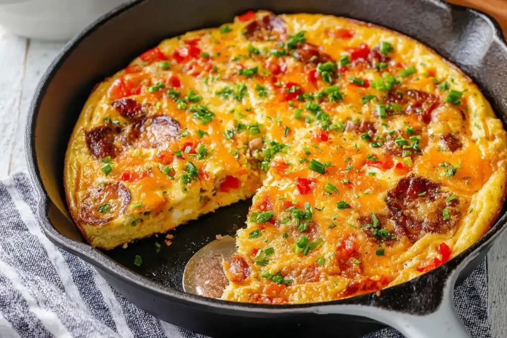 A close-up of a golden {{ $('Fetch Recipe Data').first().json["Main Keyword"] }} in a cast iron skillet, topped with fresh herbs, with one slice cut out.