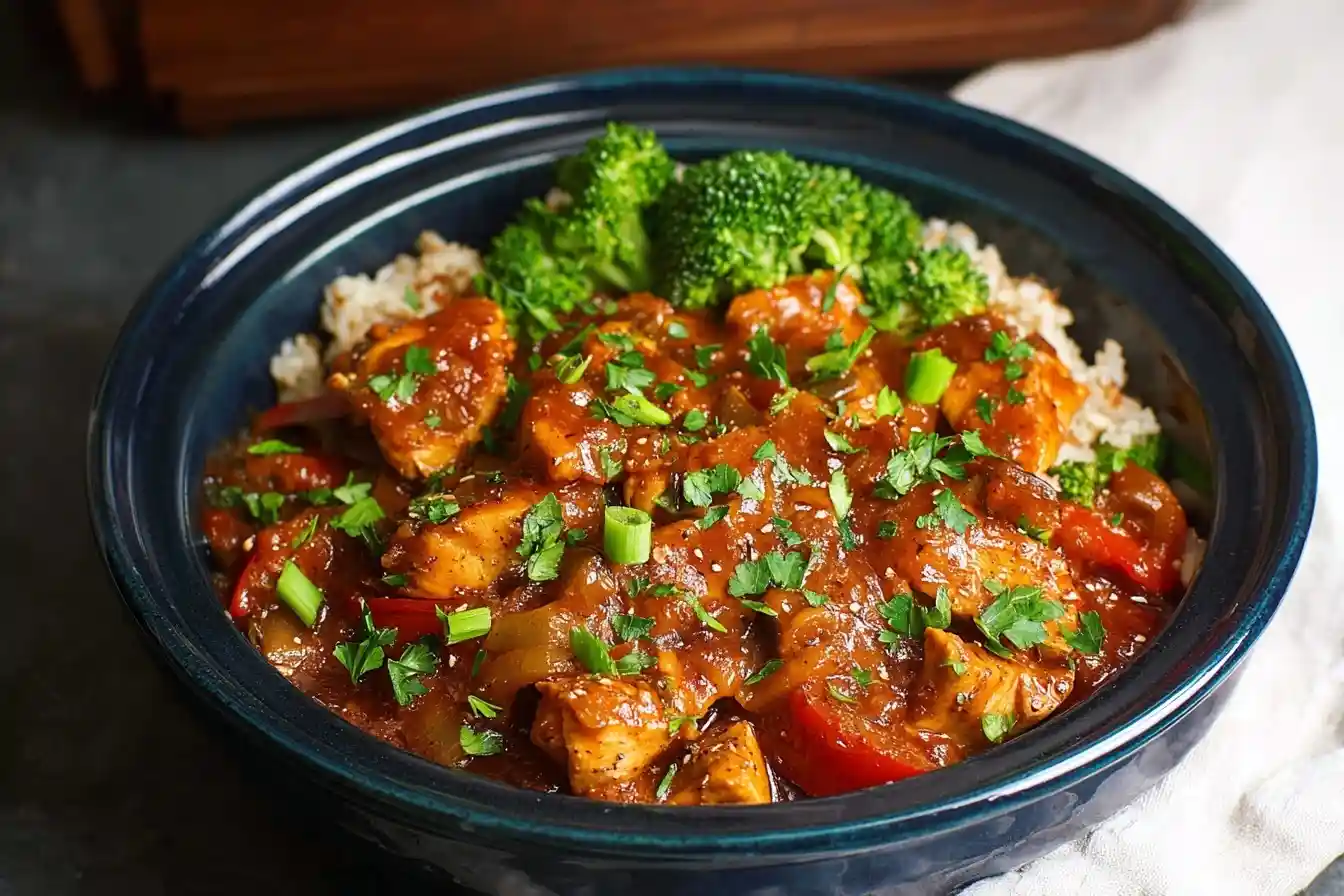 A delicious bowl of chicken stir fry with broccoli and brown rice, garnished with fresh parsley and green onions.