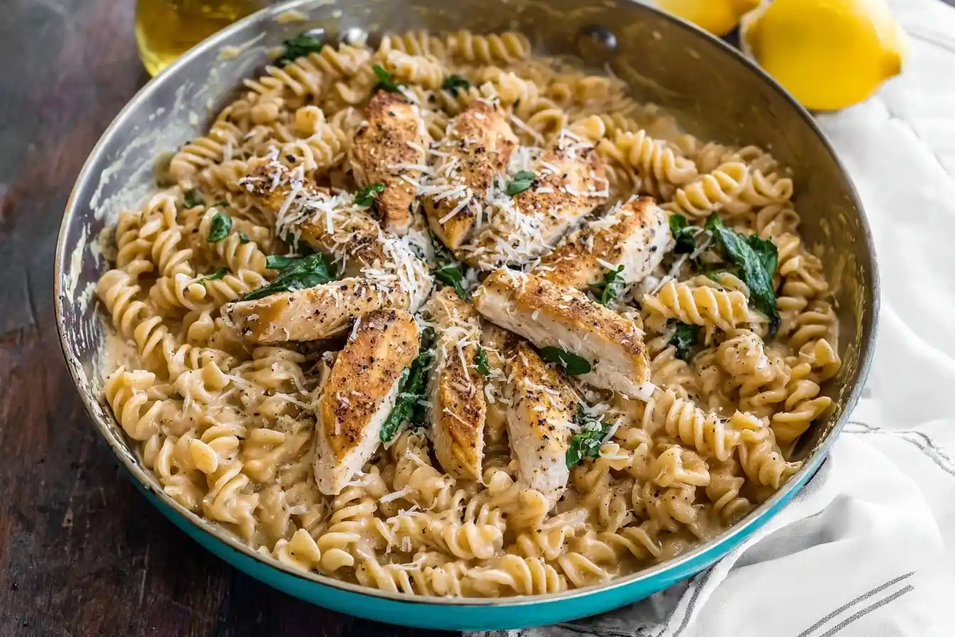A skillet of creamy lemon chicken pasta with fusilli, spinach, and sliced chicken breast, topped with fresh parmesan cheese.