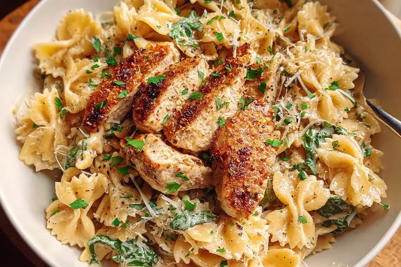 A close-up shot of a bowl of creamy chicken pasta with bow-tie noodles, spinach, and sliced seasoned chicken, topped with parmesan.