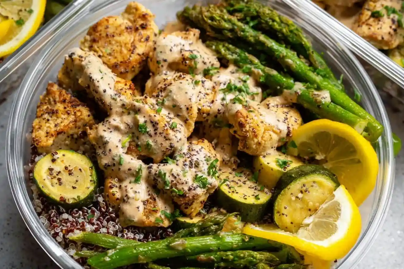 A close-up of a chicken meal prep bowl with creamy chicken, roasted asparagus, zucchini, and quinoa, garnished with lemon.