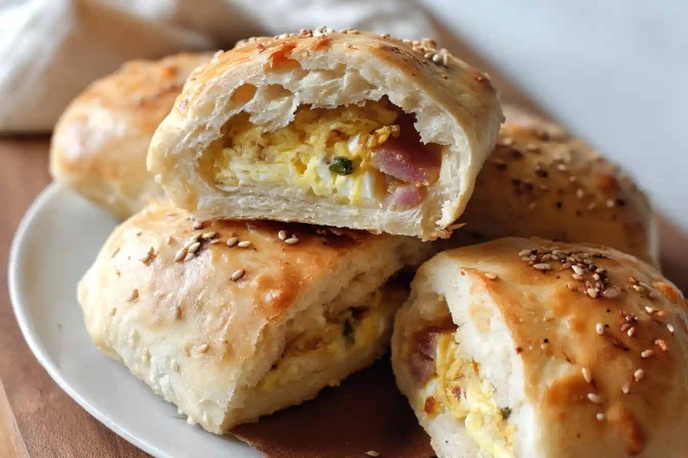 A plate of golden-baked ham egg and cheese bombs, with one sliced in half to reveal the fluffy scrambled egg and ham filling.