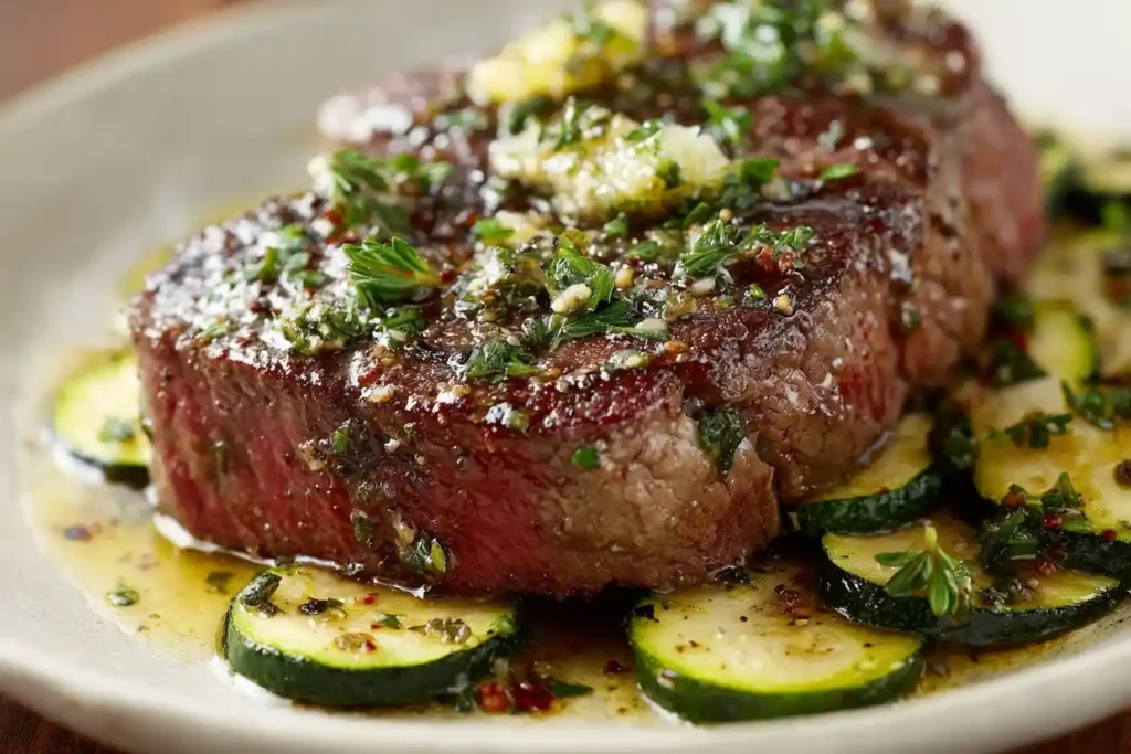 A close-up of a juicy, pan-seared garlic butter steak topped with herbs and served over a bed of sautéed zucchini on a plate.