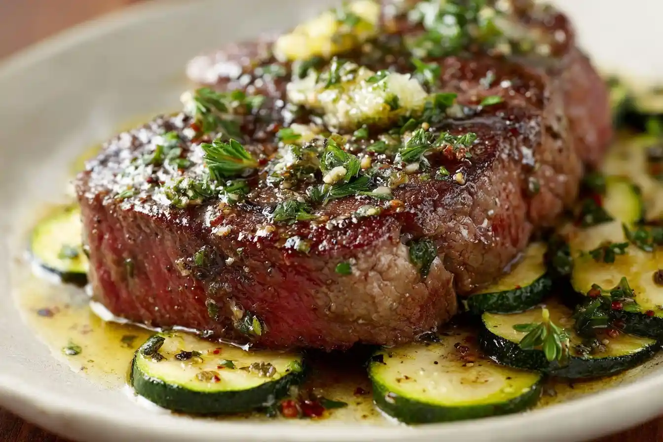 A close-up of a juicy, pan-seared garlic butter steak topped with herbs and served over a bed of sautéed zucchini on a plate.