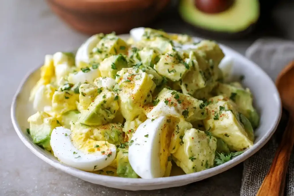 A close-up of a white bowl filled with creamy avocado egg salad, garnished with fresh herbs and a sprinkle of paprika.