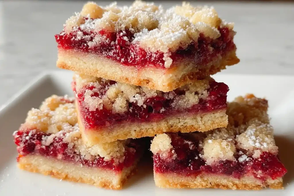 A close-up stack of three delicious Raspberry Crumble Bars on a white plate, showing the buttery crust and streusel topping.
